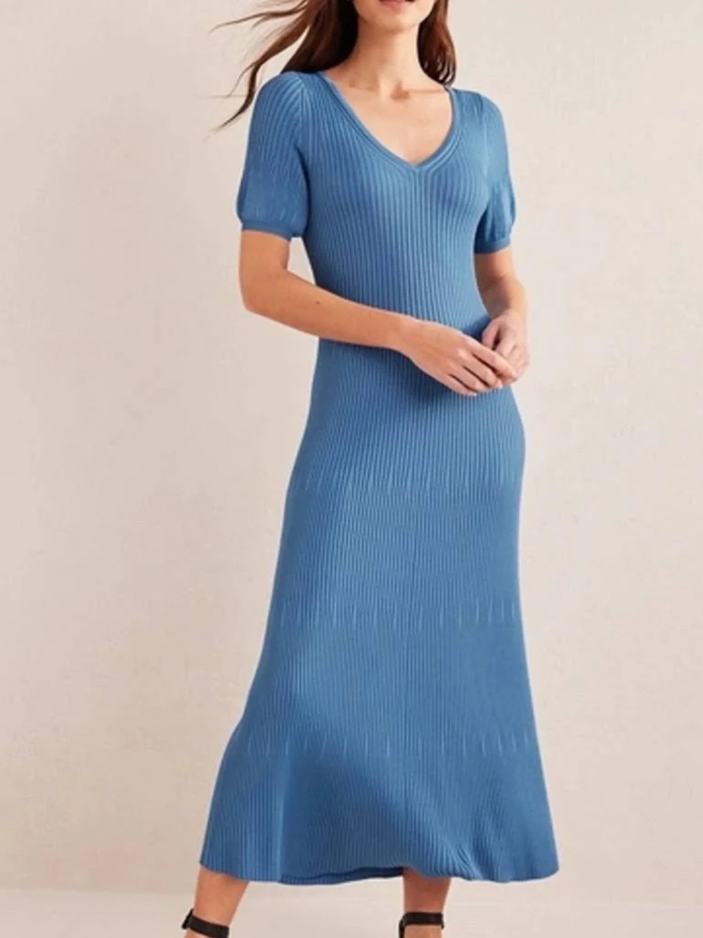 Boden Porcelain Blue Ribbed-Knit V-Neck Midi Dress | Size 10